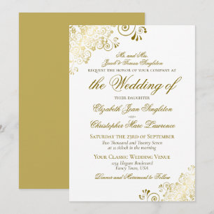 Elegant Guld & White Classic Stil Formal Bröllop Inbjudningar