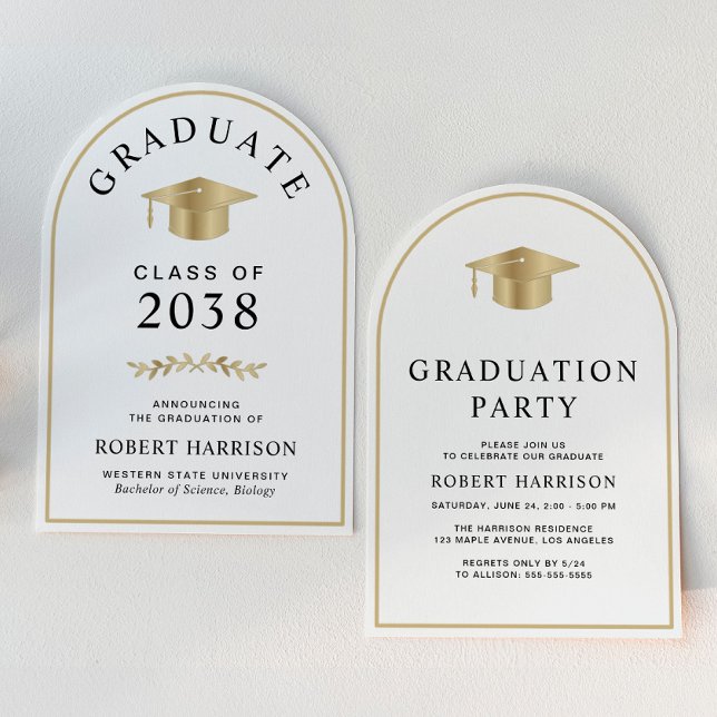 Elegant Guld White College Graduation Party Inbjudningar (An elegant arch-shaped graduation party invitation to celebrate the graduate's achievements)
