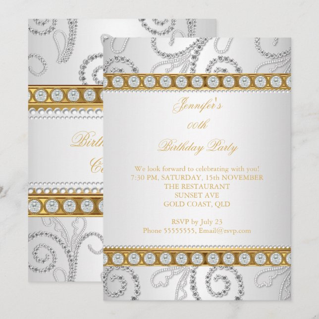 Elegant Guld White Diamond Pearl Födelsedagsfest Inbjudningar (Fram/baksida)