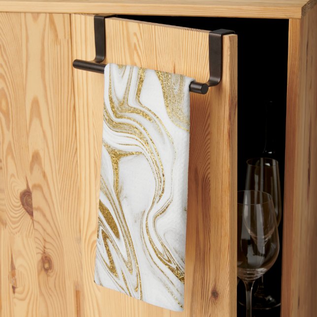 Elegant Guld White Faux Marble jul Kökshandduk (Thirds Fold)