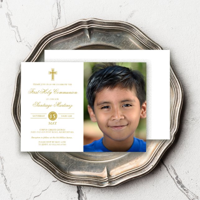 Elegant Guld White First Communion Photo Boy Inbjudningar (Skapare uppladdad)