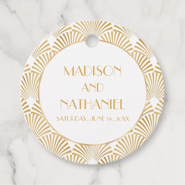 Elegant Guld White Geometric Art Deco Bröllop Gåvor Etiketter (Framsida)