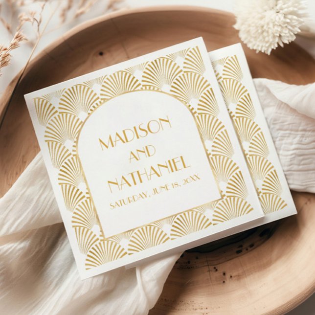 Elegant Guld White Geometric Art Deco Bröllop Pappersservett (Skapare uppladdad)