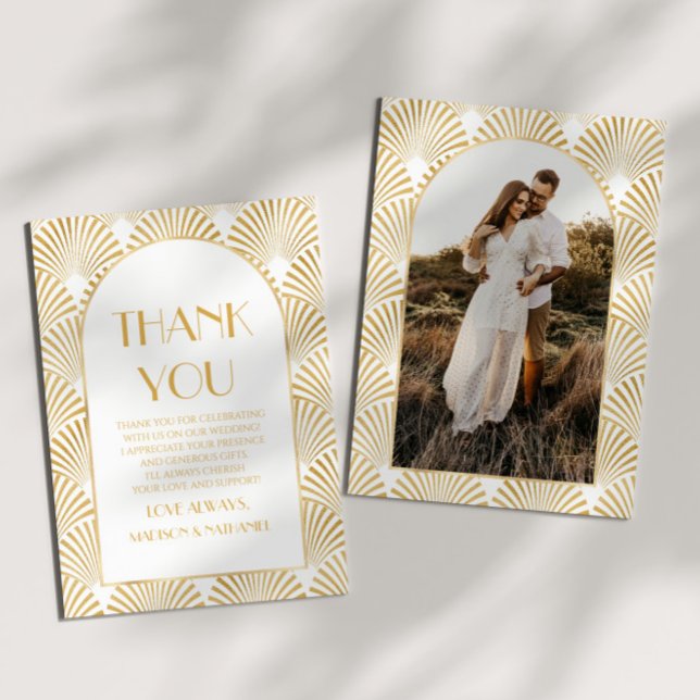 Elegant Guld White Geometric Art Deco Bröllop Tack Kort (Skapare uppladdad)