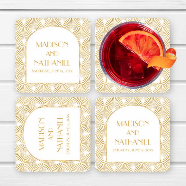 Elegant Guld White Geometric Art Deco Bröllop Underlägg Papper Kvadrat (Skapare uppladdad)