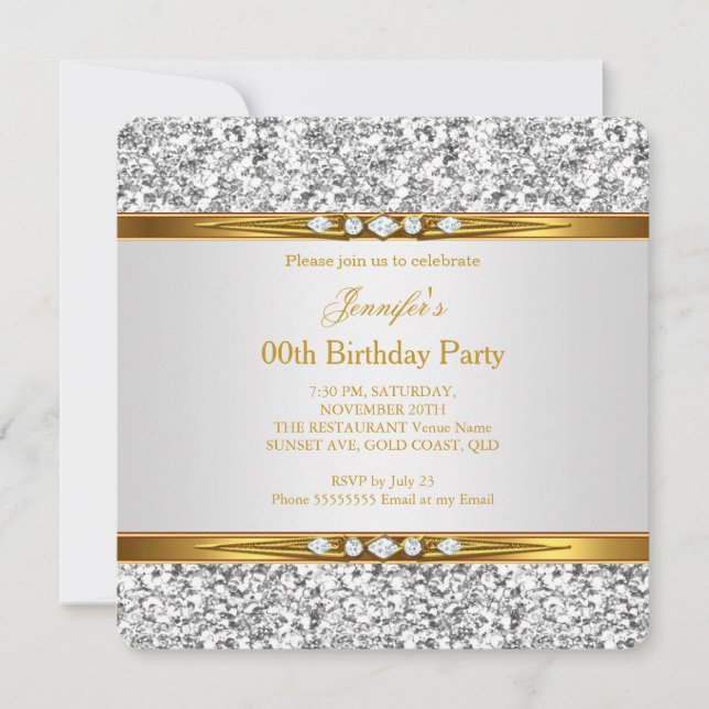Elegant Guld White Glitter Silver Diamond Birthday Inbjudningar (Framsida)