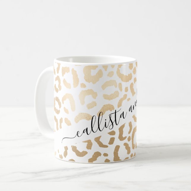 Elegant Guld White Leopard Cheetah Animal Print Kaffemugg (Framsida vänster)