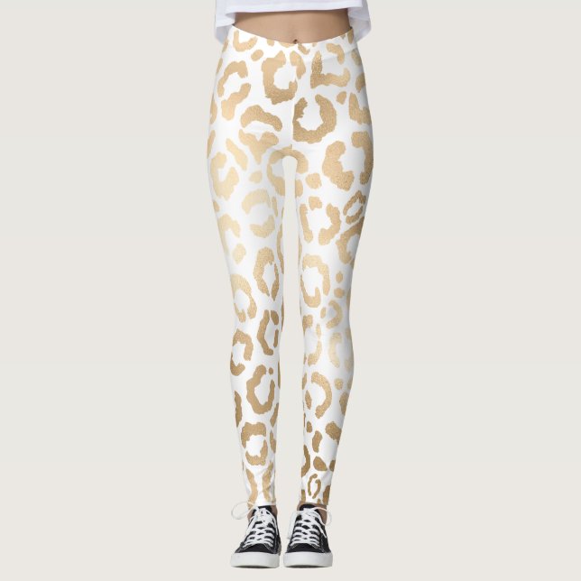 Elegant Guld White Leopard Cheetah Animal Print Leggings (Framsida)