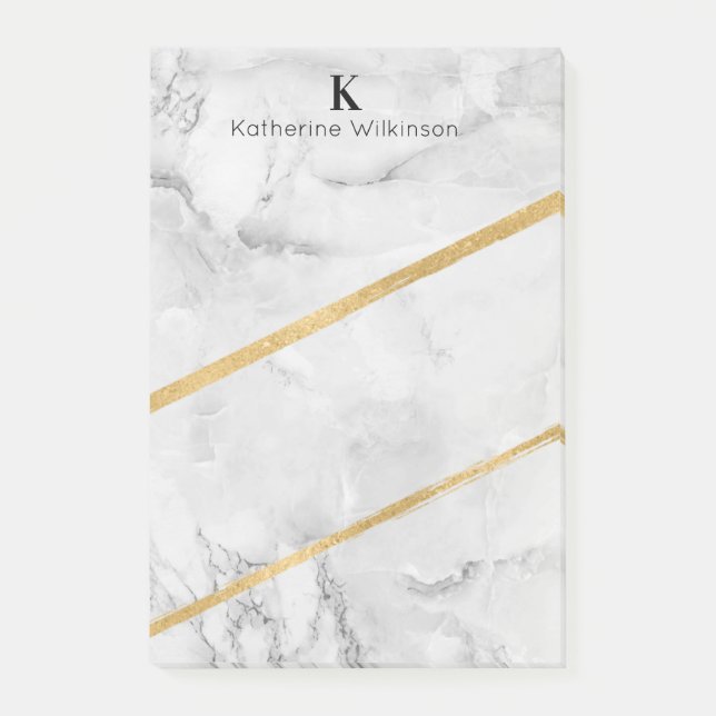 Elegant Guld White Marble Monogram Post-it Block (Framsida)