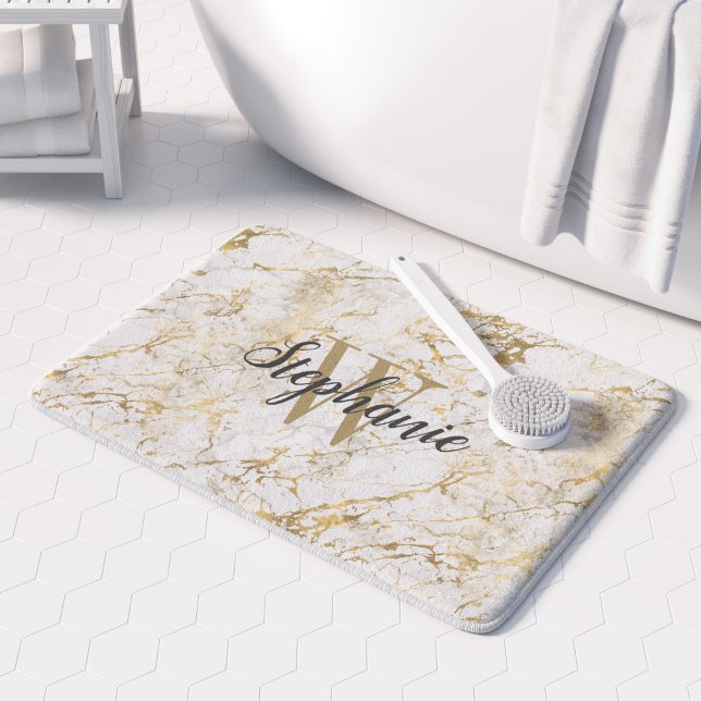 Elegant Guld White Marble Monogram-skript Badrumsmatta (Skapare uppladdad)