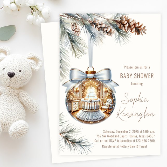 Elegant Guld White Ornament jul Baby Shower Inbjudningar (Tree ornament baby shower invitation with glass ornament with beautiful white and gold nursery scene)