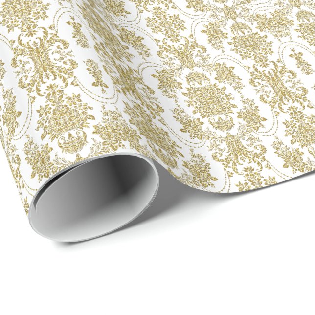 Elegant Guld & White Ornate Blommönster Presentpapper (Rullad Hörn)
