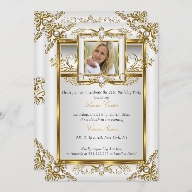 Elegant Guld White Pearl Damask Photo Birthday 4a Inbjudningar (Fram/baksida)