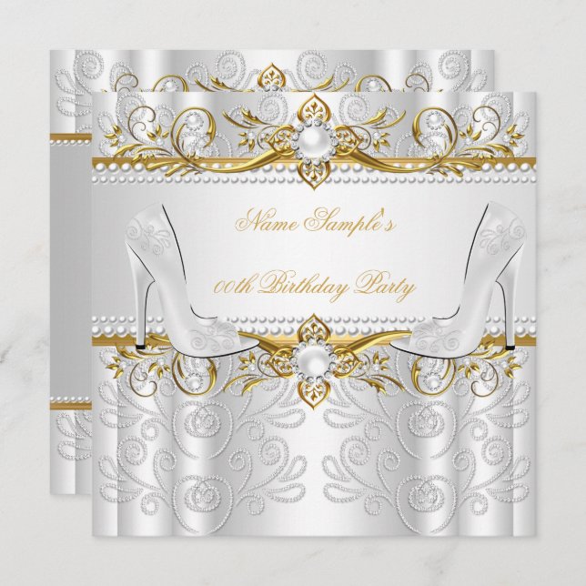 Elegant Guld White Pearl Diamond Högklackar Party Inbjudningar (Fram/baksida)