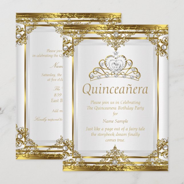 Elegant Guld White Pearl Princess Quinceanera Inbjudningar (Fram/baksida)