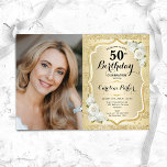 Elegant Guld White Photo 50:e födelsedagen Inbjudningar<br><div class="desc">Femininininbjudan till elegantens blommigt på 50 år med ditt foto. Glam-design med faux glitter guld. Funktioner rand, vit ros, typsnitt för skript och confietti. Perfekt för en snyggt vuxen under firande party. Anpassa med dina egna detaljer. Kan anpassas för vilken ålder som helst! Skrivna Zazzle-inbjudningar eller digital utskrivbar mall för...</div>