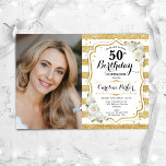 Elegant Guld White Photo 50:e födelsedagen Inbjudningar<br><div class="desc">Femininininbjudan till elegantens blommigt på 50 år med ditt foto. Glam, vit design med faux glitter guld. Funktioner rand, vit ros, typsnitt för skript och confietti. Perfekt för en snyggt vuxen under firande party. Anpassa med dina egna detaljer. Kan anpassas för vilken ålder som helst! Skrivna Zazzle-inbjudningar eller digital utskrivbar...</div>