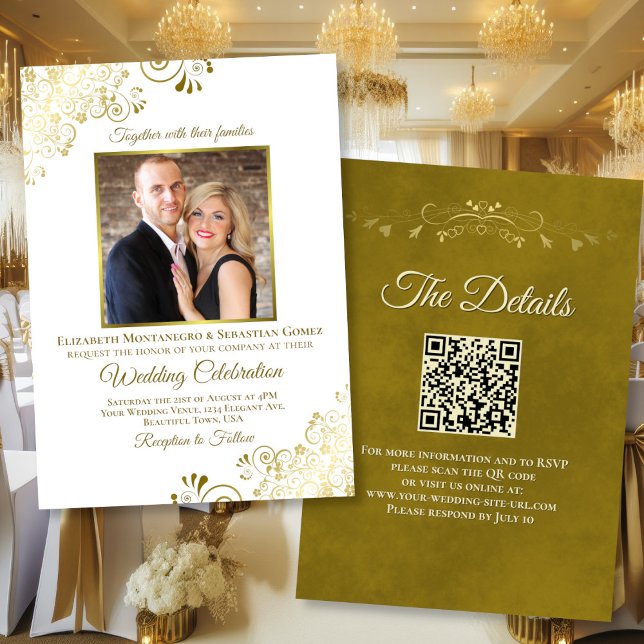 Elegant, Guld & White Photo & QR Code Bröllop Inbjudningar (Front/Back)