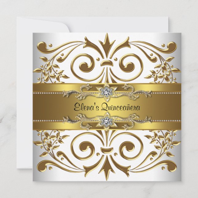 Elegant Guld White Quinceanera Inbjudningar (Framsida)