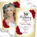 Elegant Guld White Red Photo 50:e födelsedagen Inbjudningar<br><div class="desc">Femininininbjudan till elegantens blommigt på 50 års födelsedag med ditt foto på baksidan av kortet. Glam-design med faux guld. Funktioner röd ros, typsnitt för skript och konfiguration. Perfekt för en snyggt vuxen under firande party. Anpassa med dina egna detaljer. Kan anpassas för vilken ålder som helst! Skrivna Zazzle-inbjudningar eller digital...</div>