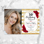 Elegant Guld White Röd ros Foto 50:e födelsedagen Inbjudningar<br><div class="desc">Femininininbjudan till elegantens blommigt på 50 år med ditt foto. Glam, vit och röd design med faux glitter guld. Funktioner rand, röd ros, typsnitt för skript och confietti. Perfekt för en snyggt vuxen under firande party. Anpassa med dina egna detaljer. Kan anpassas för vilken ålder som helst! Skrivna Zazzle-inbjudningar eller...</div>