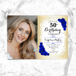 Elegant Guld White Royal Blue Photo 50 Birthday Inbjudningar<br><div class="desc">Femininininbjudan till elegantens blommigt på 50 år med ditt foto. Glam-design med faux guld. Innehåller royalet blue ro,  skriptteckensnitt och confietti. Perfekt för en snyggt vuxen under firande party. Anpassa med dina egna detaljer. Kan anpassas för vilken ålder som helst! Skrivna Zazzle-inbjudningar eller digital utskrivbar mall för omedelbar nedladdning.</div>