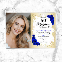 Elegant Guld White Royal Blue Photo 50 Birthday Inbjudningar