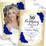 Elegant Guld White Royal Blue Photo 50 Birthday Inbjudningar<br><div class="desc">Femininininbjudan till elegantens blommigt på 50 års födelsedag med ditt foto på baksidan av kortet. Glam-design med faux guld. Innehåller royalet blue ro, skriptteckensnitt och confietti. Perfekt för en snyggt vuxen under firande party. Anpassa med dina egna detaljer. Kan anpassas för vilken ålder som helst! Skrivna Zazzle-inbjudningar eller digital utskrivbar...</div>