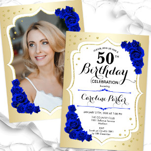 Elegant Guld White Royal Blue Photo 50 Birthday Inbjudningar