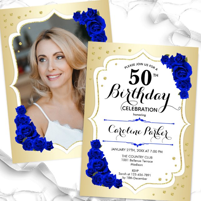 Elegant Guld White Royal Blue Photo 50 Birthday Inbjudningar (Skapare uppladdad)