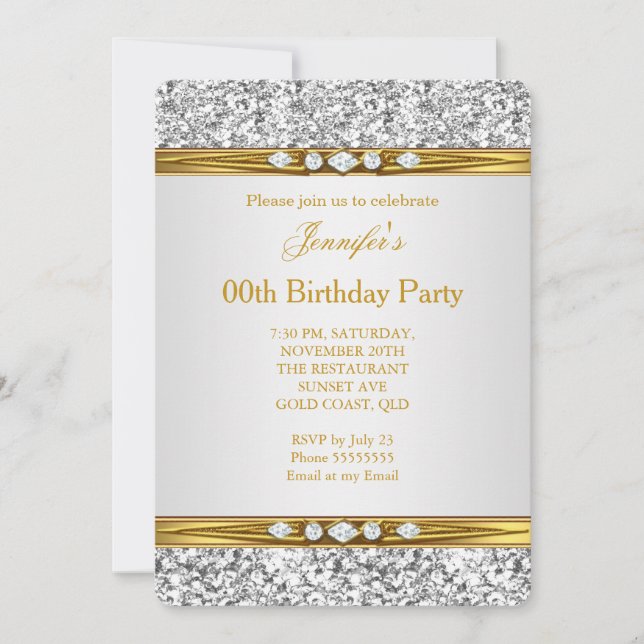 Elegant Guld White Silver Glitter Diamond Birthday Inbjudningar (Framsida)