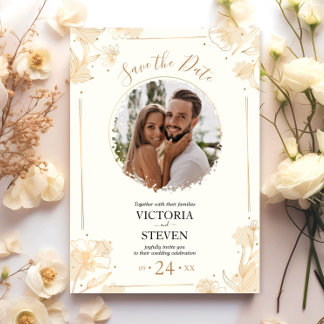 Elegant Guld Wildblommor Photo Boho Bröllop Inbjudningar