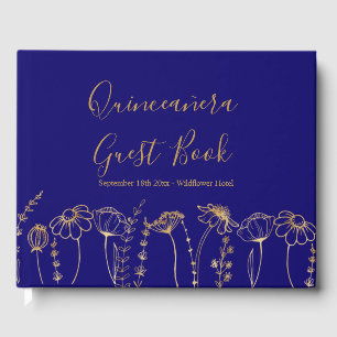 Elegant Guld Wildblomsketch Blue Quinceanera Gästböcker