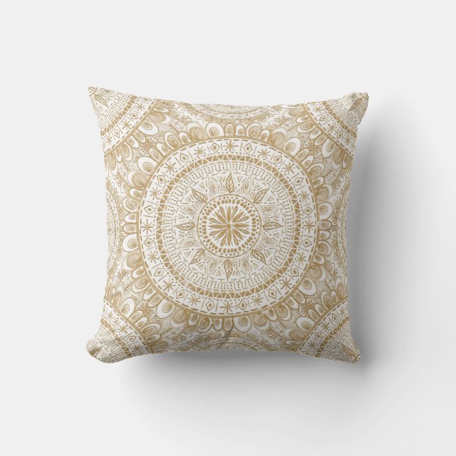 Elegant Guld Winter Flower Mandala White Mönster Kudde (Framsida)