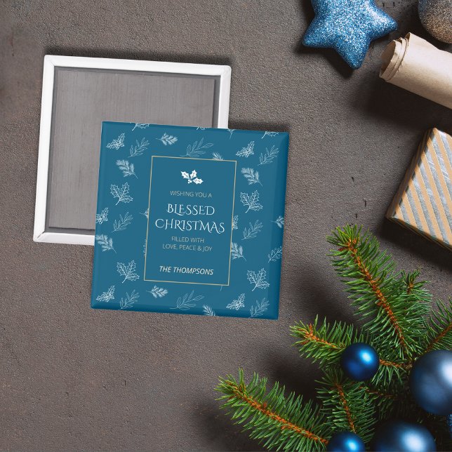 Elegant Guld Winter Löv Blue jul Magnet (Skapare uppladdad)