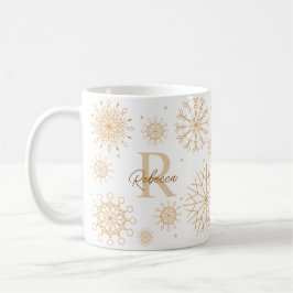 Elegant Guld Winter Themme Snowflake Monogram Kaffemugg