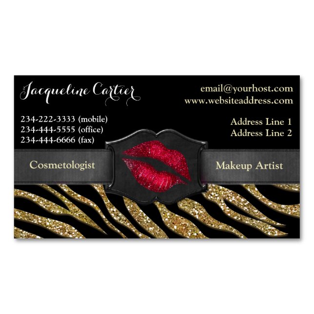 Elegant Guld Zebra Glitter Kiss Cosmetolog Visitkortmagnet (Framsida)