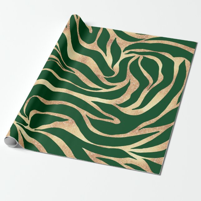 Elegant Guld Zebra Grönt Animal Print Presentpapper (Utrullad)