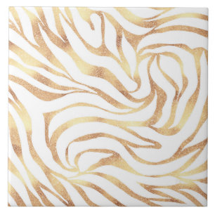 Elegant Guld Zebra White Animal Print Kakelplatta