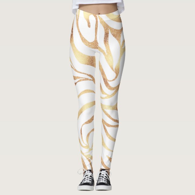Elegant Guld Zebra White Animal Print Leggings (Framsida)