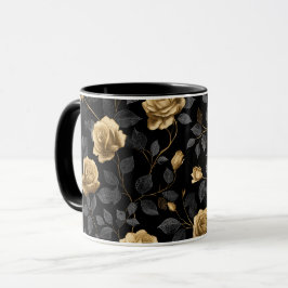 Elegant guldaccent ros svart blommönster mugg
