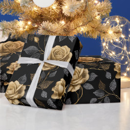Elegant guldaccent ros svart blommönster presentpapper