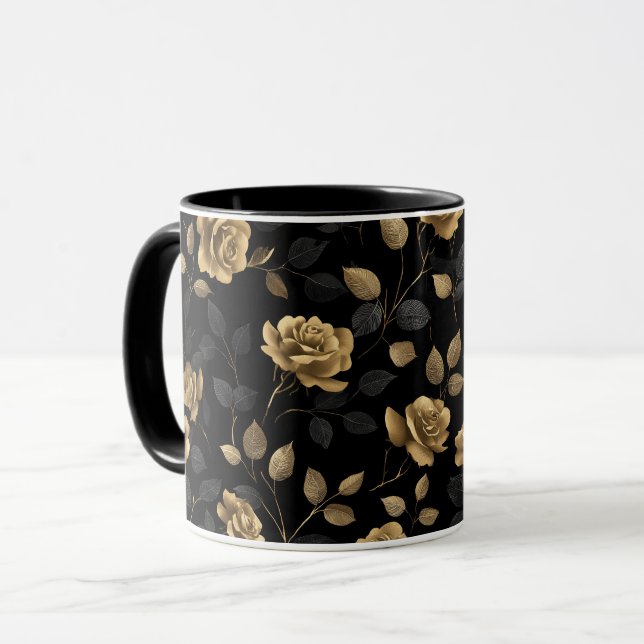 Elegant guldaccentros svart blommönster mugg (Framsida vänster)