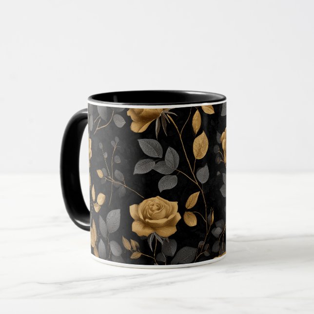 Elegant guldaccentros svart blommönster mugg (Framsida vänster)