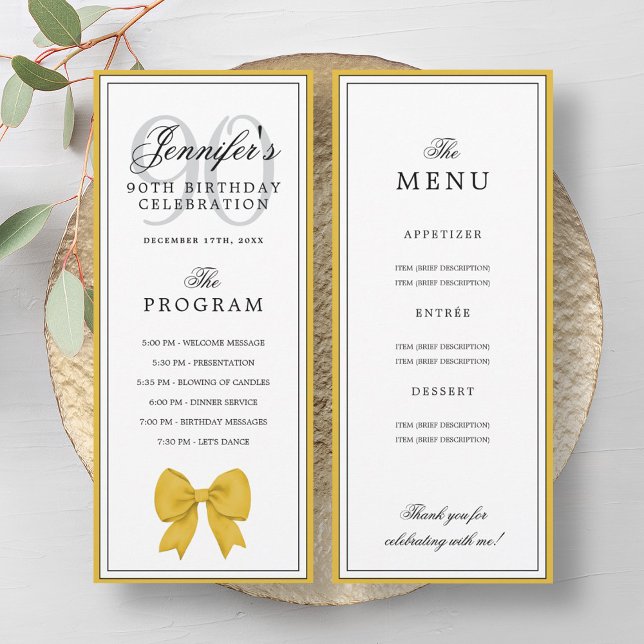 Elegant guldbåge 90-årsfirande Program + Meny  (Elegant Gold Bow 90th Birthday Program + Menu )
