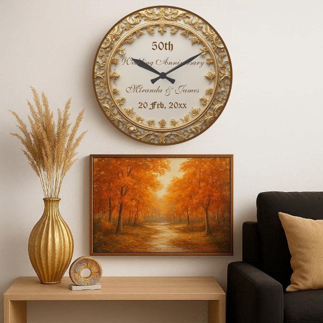 Elegant guldbarockmotiv 50-års bröllopsjubileum stor klocka (Elegant Gold Baroque Motif 50 Wedding Anniversary Large Clock)