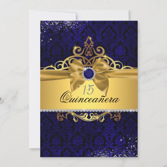 Elegant guldblå damask Quinceanera-inbjudan Inbjudningar (Framsida)
