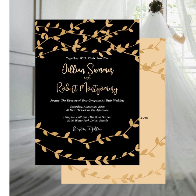 Elegant guldblad med svart bröllopsinbjudan inbjudningar (Elegant Gold Leaves With Black Wedding Invitation with RSVP)