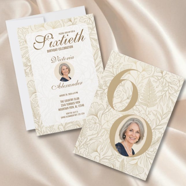 Elegant guldblommig 60-års födelsedagsfoto inbjudningar (Elegant Gold Floral 60th Birthday Photo Invitation)