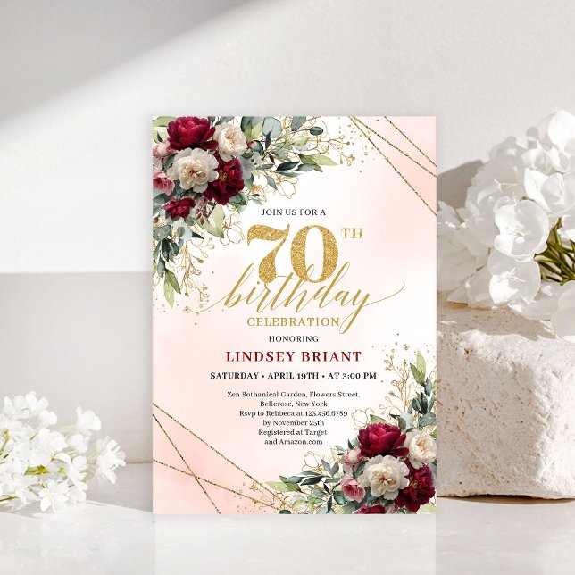 Elegant guldblommig 70-års födelsedagsinbjudan inbjudningar (blush and burgundy flowers roses,
burgundy blush 70TH birthday invitation,
boho watercolor deep red )